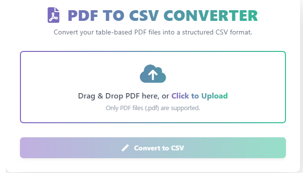 Screenshot of the PDF to CSV converter tool interface showing the file upload button and conversion settings.