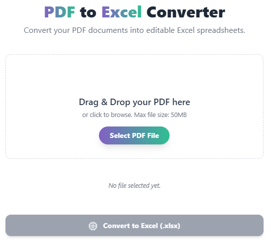Screenshot of the PDF to Excel converter tool interface