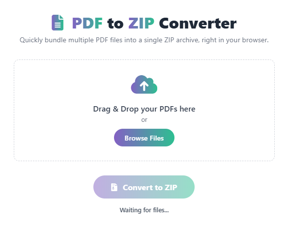 Free online PDF to ZIP converter tool interface with upload button or Icon representing the conversion of multiple PDF documents into a single ZIP file