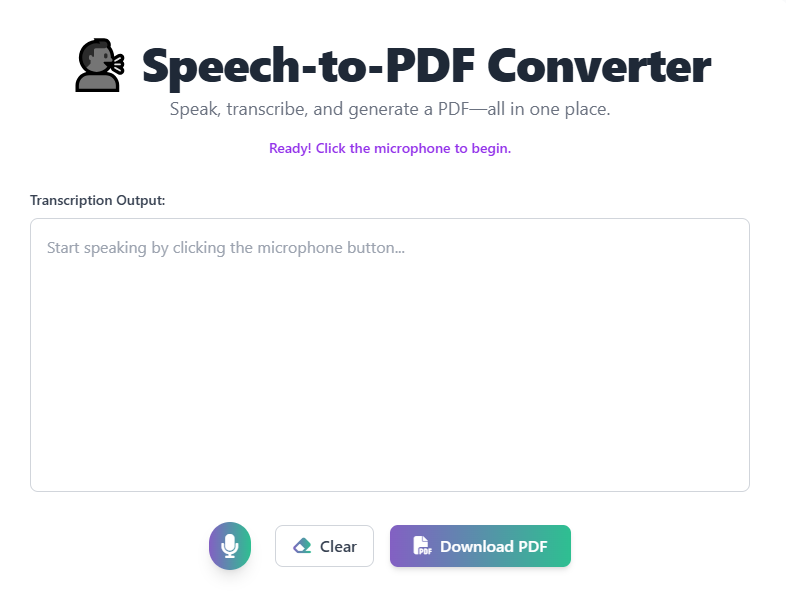 Screenshot of the online Speech to PDF converter tool interface