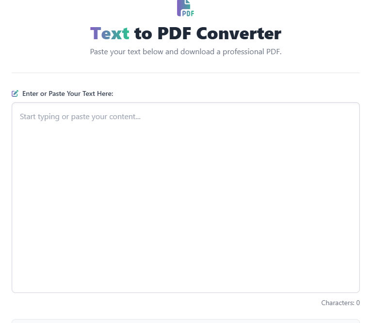 alt="Screenshot of the online Text to PDF Converter tool interface with the text input box ready for content."