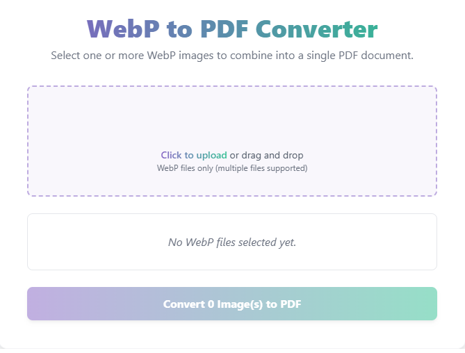 Free WebP to PDF converter tool interface showing the image upload and PDF download process.